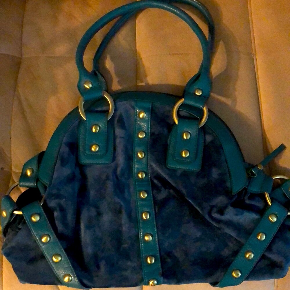 Velour bowler bag with pleather trim